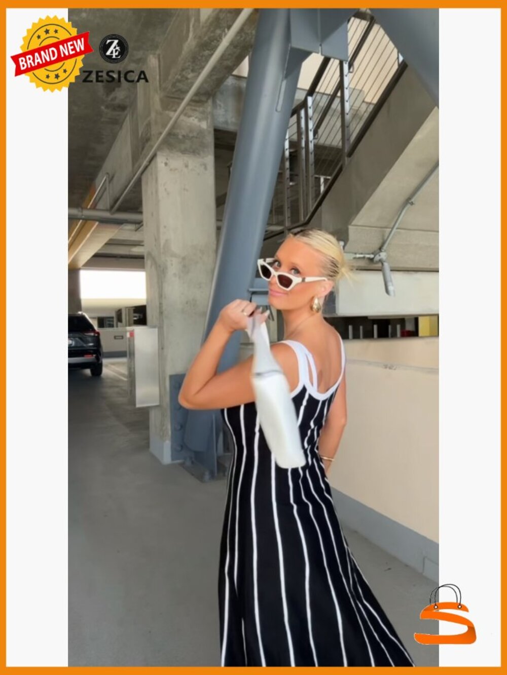Striped A-Line Sleeveless Midi Dress - Knit Beach Vacation Outfit - Picture 7 of 7
